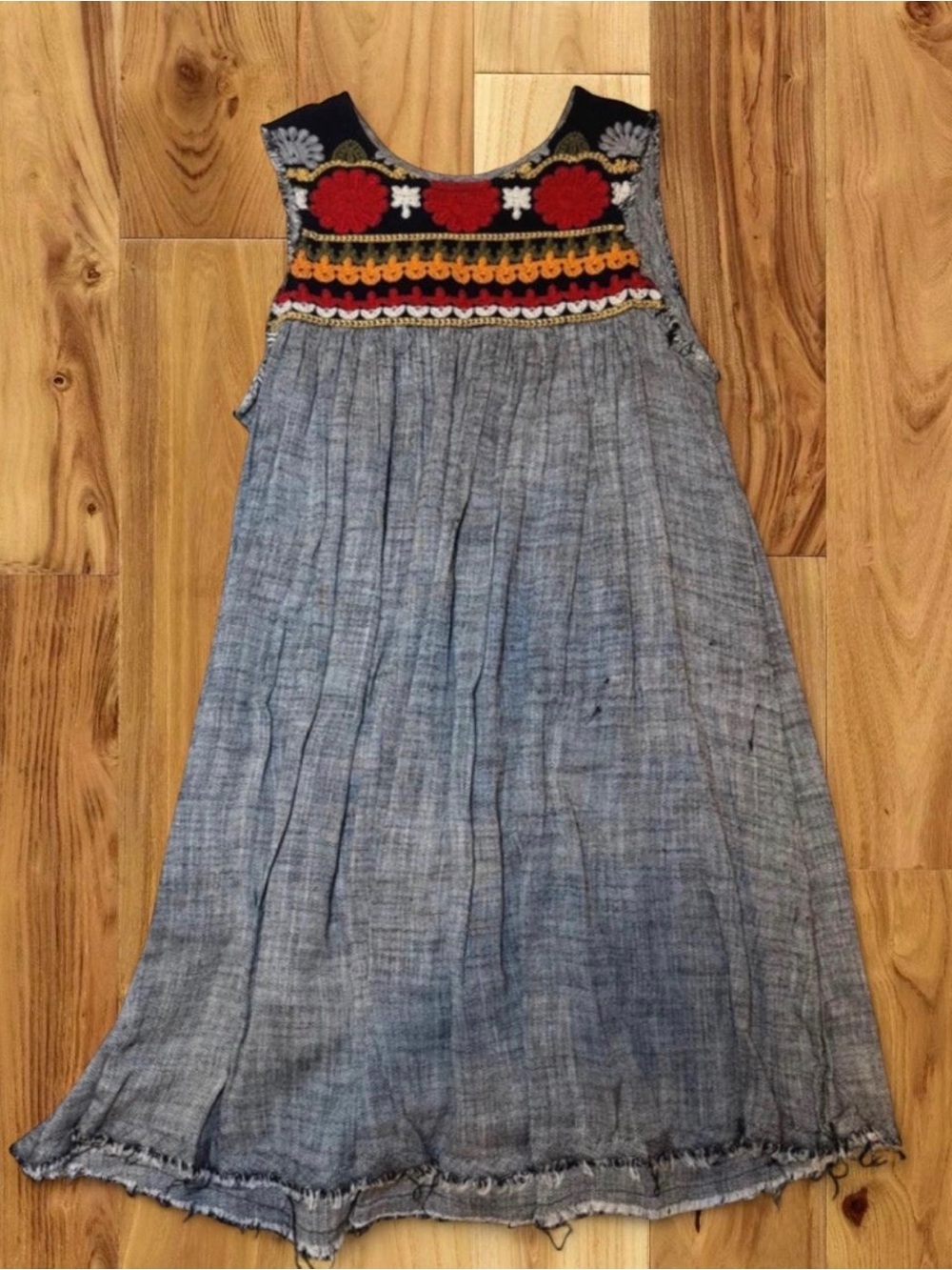 NATURAL LIFE Blue Chambray Dress with Multicolor Embroidered Yoke